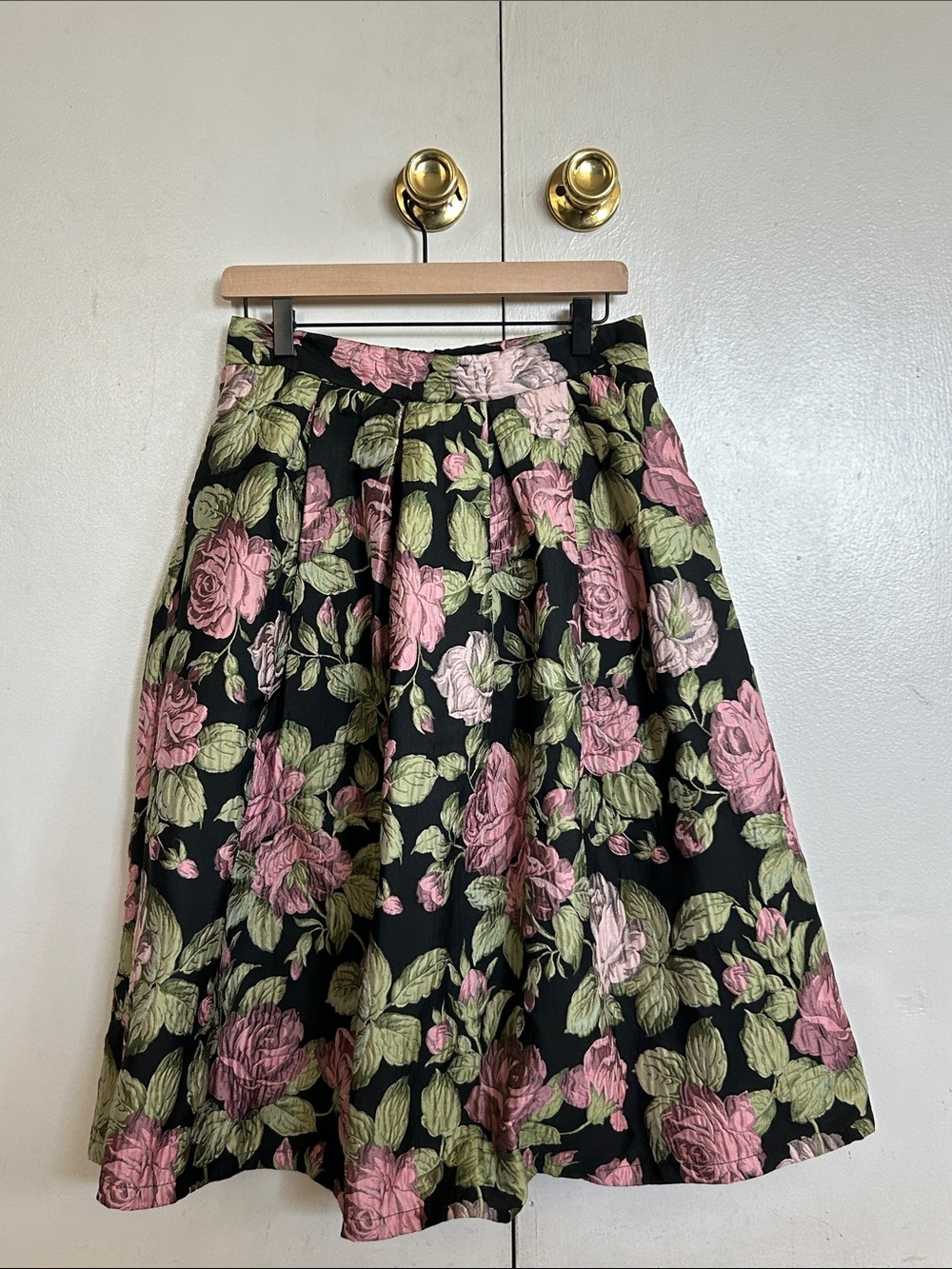 Black A-Line Skirt with Pink Rose Floral Print